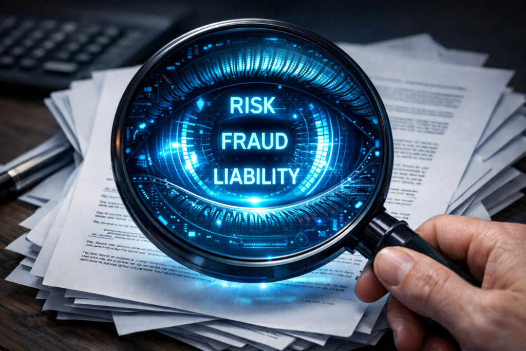 A human hand holding a magnifying glass with a glowing digital eye instead of glass, scanning a stack of documents for highlighted words such as Risk, Fraud, and Liability.
