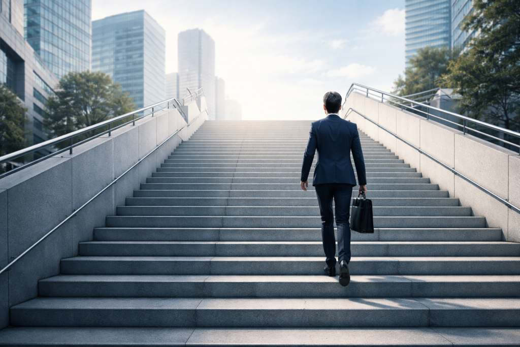 A professional figure climbing an upward-sloping staircase in soft natural daylight, symbolizing career evolution in the modern AI‑first software delivery era.