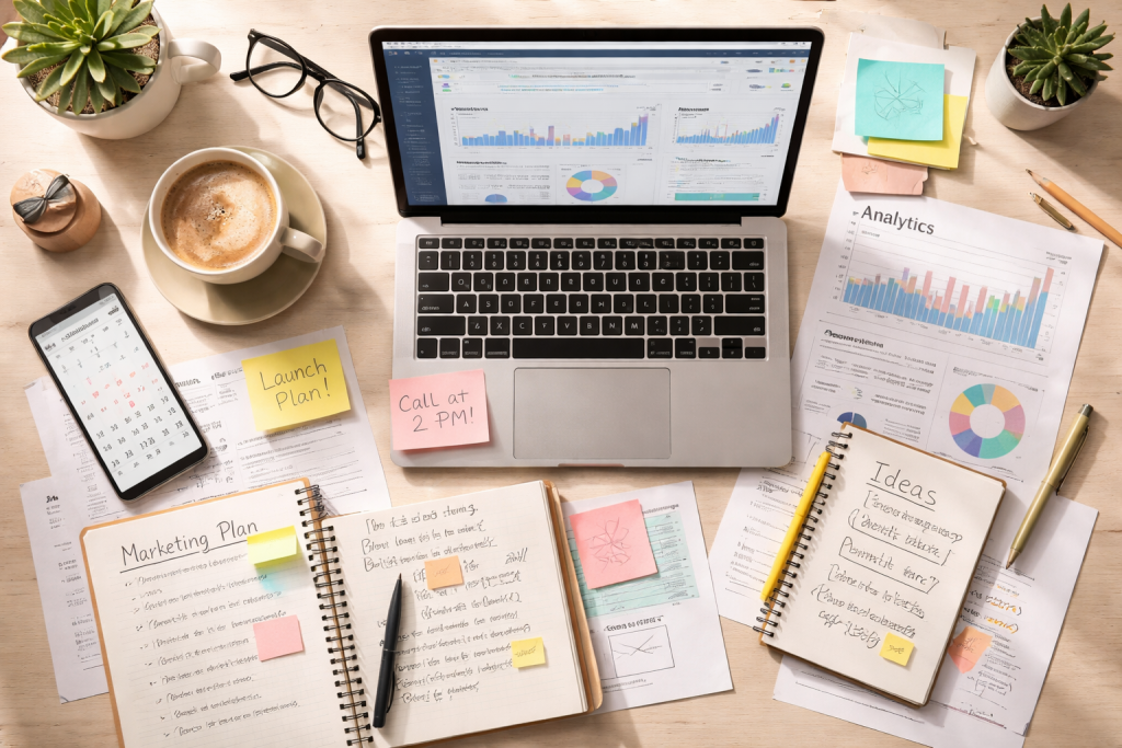 A busy workspace filled with notebooks, charts, sticky notes, and a laptop dashboard, illustrating how ideas, drafts, and feedback often become scattered across tools—highlighting the creative friction Wordiva aims to solve