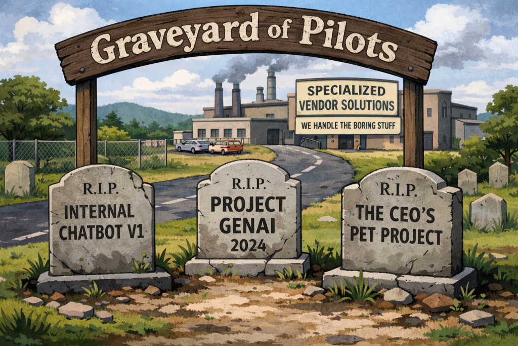 Illustration of a satirical ‘Graveyard of Pilots’ with tombstones labeled Internal Chatbot V1, Project GenAI 2024, and The CEO’s Pet Project, with a road leading to a factory labeled Specialized Vendor Solutions and a sign saying ‘We handle the boring stuff.