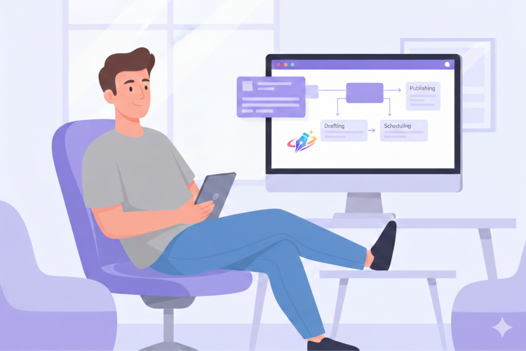A person sits comfortably while reviewing a simple drafting‑to‑publishing workflow on a large monitor, reflecting the ease and clarity Wordiva brings to content creation