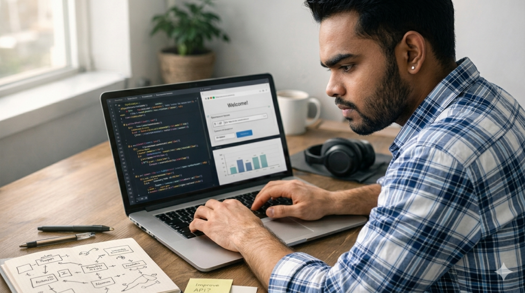Dinesh at his desk, captured in natural daylight as he codes, learns, and builds. It reflects the transition you wanted—from student developer to confident builder.