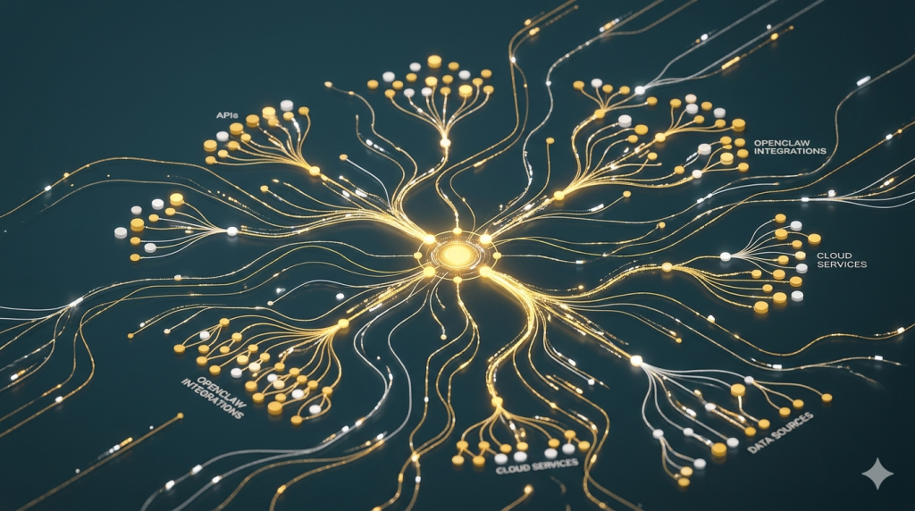 A futuristic humanoid AI figure composed of golden light threads sits at an enterprise workstation, surrounded by holographic dashboards and data flow panels, against a deep teal background — representing SummitCode's AI Coworker platform.