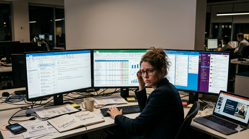  Overwhelmed worker at cluttered desk surrounded by papers, multiple screens, and scattered approvals, symbolizing the inefficiency of manual content marketing workflows.