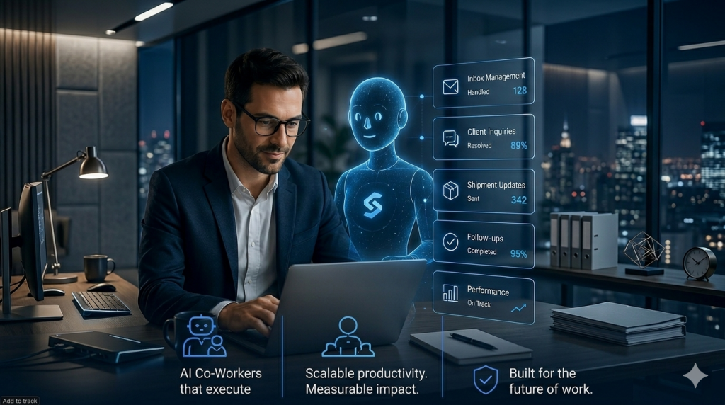 A person working on a laptop next to a holographic AI assistant displaying productivity metrics, illustrating SummitCode’s AI Co‑Workers in action.