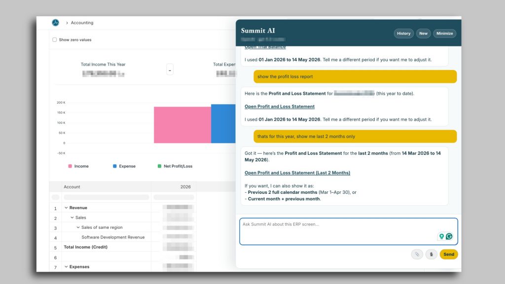 Summit Agentic ERP helping user easily filter through trial balance profit and loss report