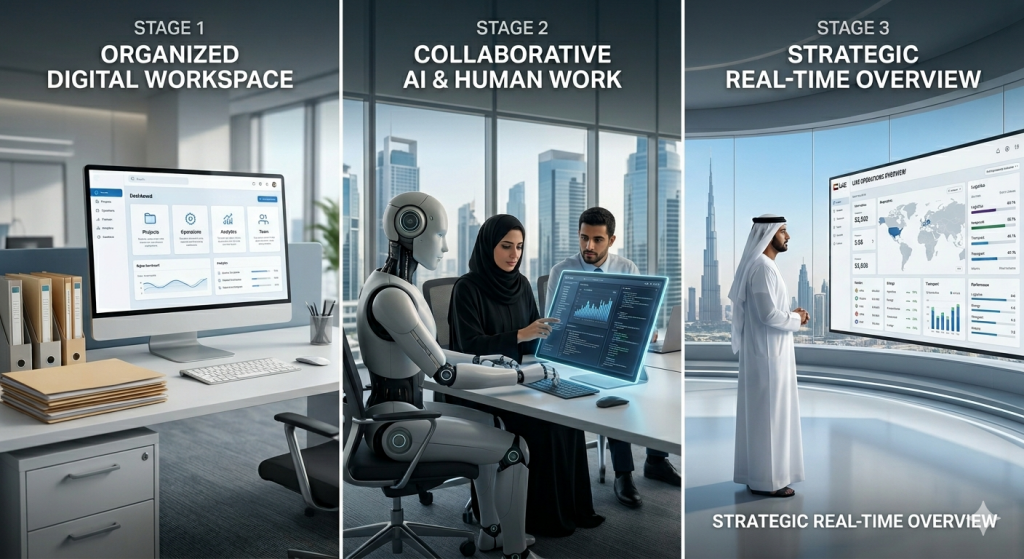 A three-step visual journey showing Stage 1 with a digital dashboard replacing paper files, Stage 2 with an AI agent working beside a human at a glowing screen, and Stage 3 with a CEO in a futuristic command center viewing a live operations overview with the UAE skyline in the background.