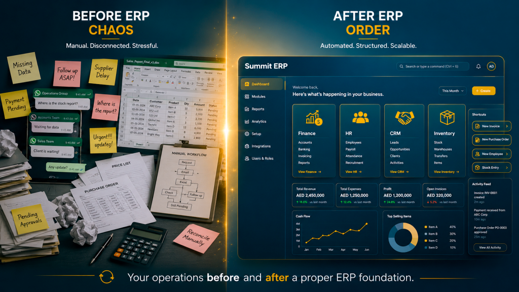 A split-screen visual comparing manual business chaos before ERP with structured automation after ERP using Summit ERP. The left side shows sticky notes, spreadsheets, and WhatsApp messages symbolizing disorganized workflows, while the right side displays a clean Summit ERP dashboard with Finance, HR, CRM, and Inventory modules.