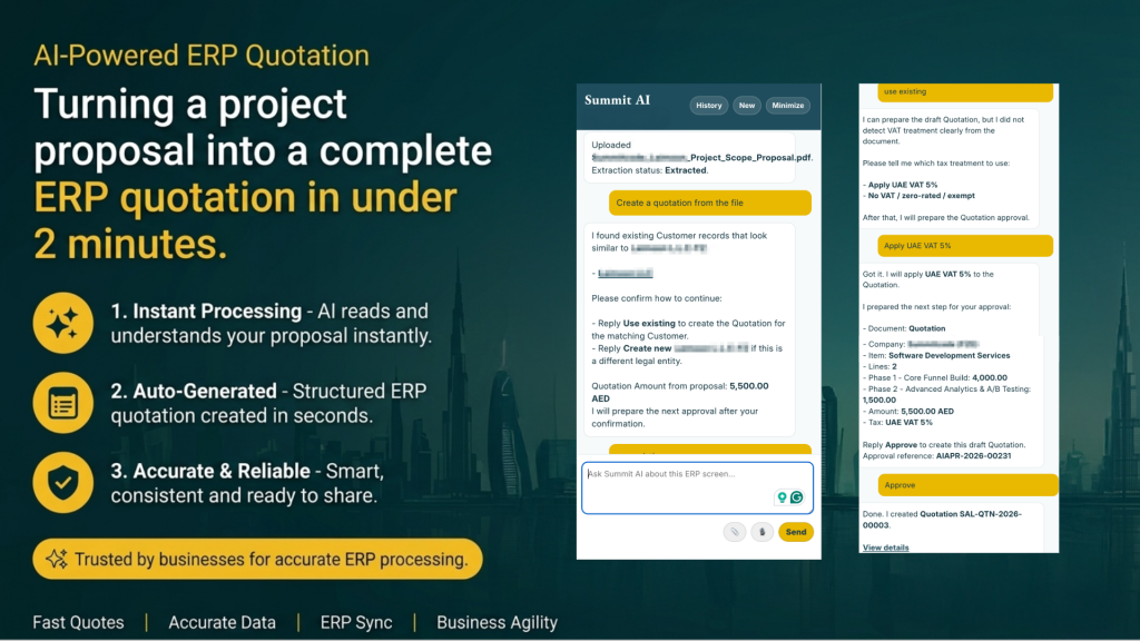 Promotional graphic showing Summit ERP’s AI‑powered quotation system that converts project proposals into structured ERP quotations in under two minutes. Includes interface screenshots of Summit AI reading a PDF, applying UAE VAT 5%, and generating a quotation automatically.