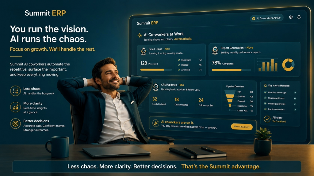 Business owner looking relaxed while AI handles the chaos on a screen behind them