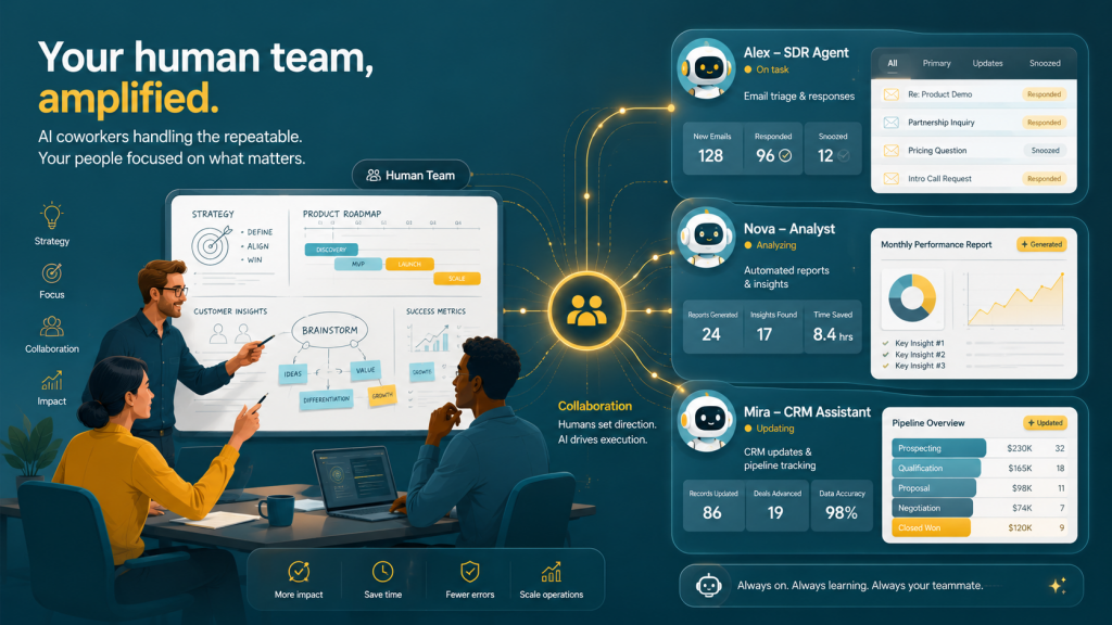 Illustration showing a human team collaborating on strategy and product planning while Summit ERP’s AI coworkers — Alex the SDR Agent, Nova the Analyst, and Mira the CRM Assistant — handle email triage, report generation, and CRM updates. Represents human‑AI synergy and amplified productivity.