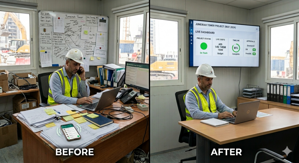 A split-screen showing a chaotic UAE construction site office with sticky notes and buzzing WhatsApp messages on the left, and a clean, organized office with a live ERP dashboard displaying project costs, timelines, and approvals on the right.