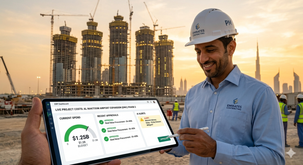 A UAE construction site with cranes and high-rises in the background, and a project manager holding a tablet showing a clean SummitCode ERP dashboard with live project costs, AI alerts, and approvals, smiling confidently in golden light.