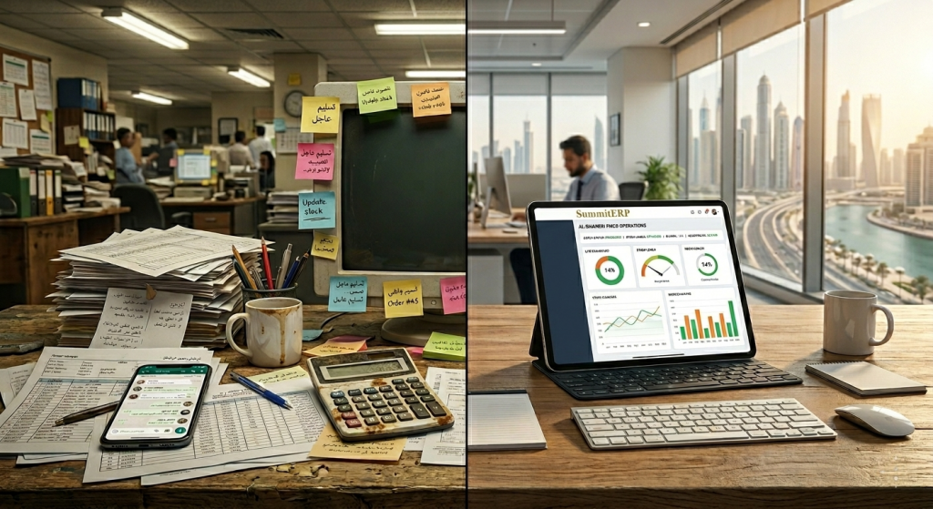  Split image showing two contrasting office setups — one cluttered with paper, sticky notes, and a calculator, and the other clean and digital with Summit ERP dashboard on a tablet overlooking Dubai skyline, symbolizing AI-driven transformation in FMCG businesses.