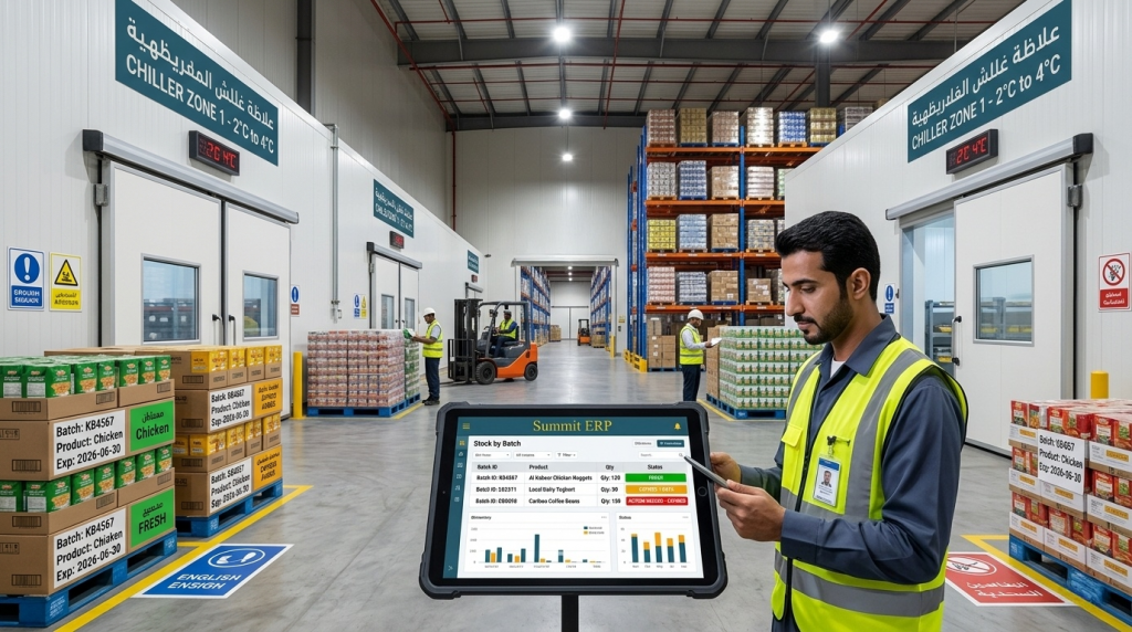 A modern UAE food warehouse with chiller zones labeled in Arabic and English, showing organized pallets of chicken and dairy products. A warehouse manager uses a tablet displaying the Summit ERP dashboard with batch‑wise stock data highlighted in green, amber, and red to indicate freshness and expiry status.