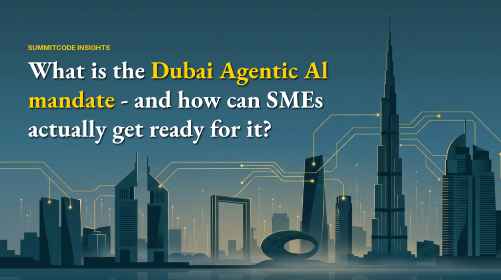 Digital illustration of Dubai’s skyline featuring Burj Khalifa, Museum of the Future, and other landmarks connected by glowing circuit lines, symbolizing the city’s Agentic AI transformation and smart business infrastructure.